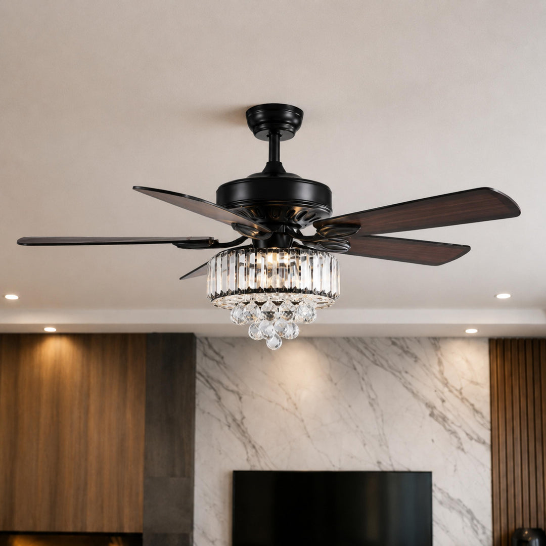 Black Modern Ceiling Fan with Lights Flush Mount Crystal Blades and 6 Speed Settings