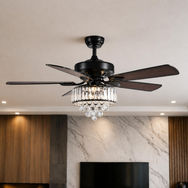 Black Modern Ceiling Fan with Lights Flush Mount Crystal Blades and 6 Speed Settings