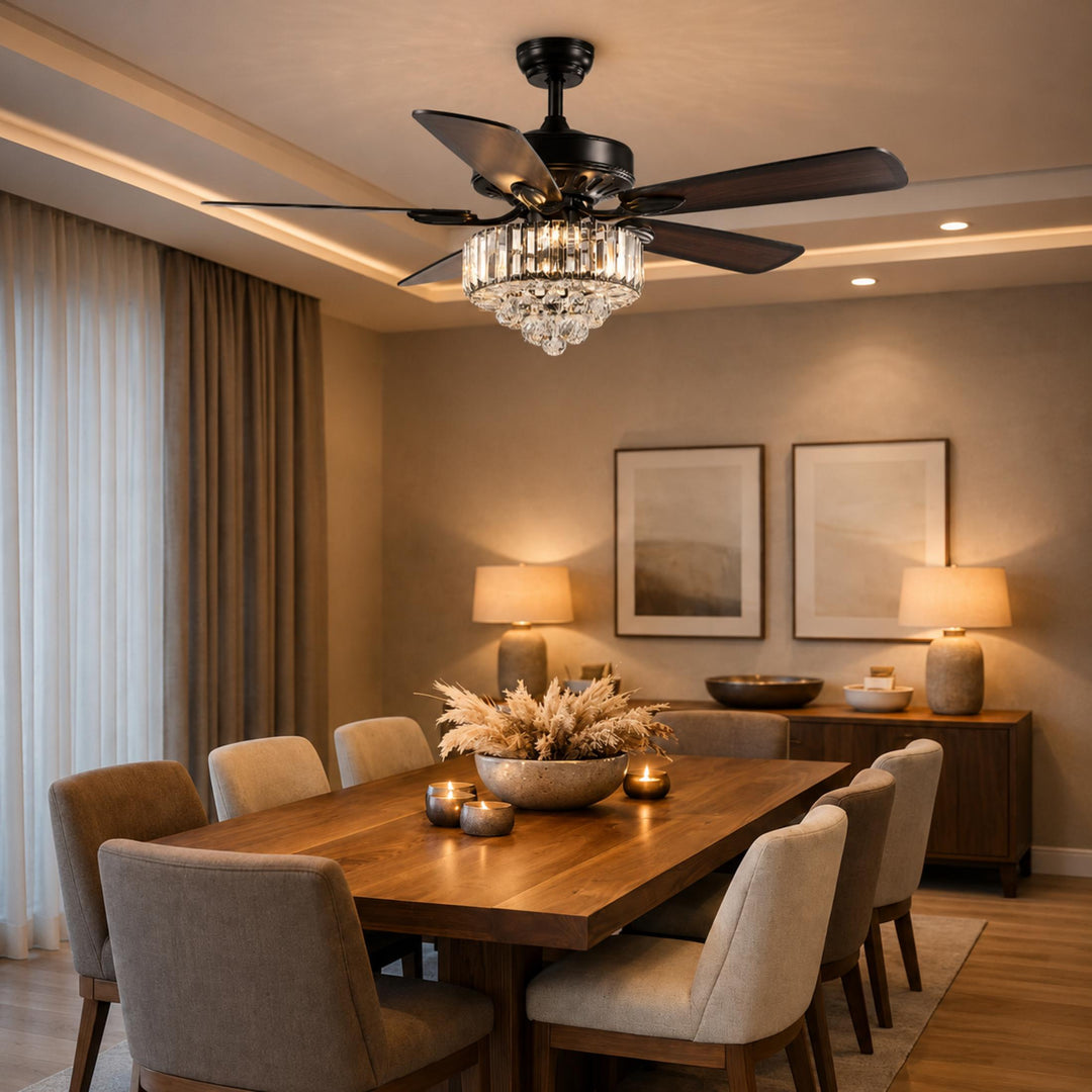 Black Modern Ceiling Fan with Lights Flush Mount Crystal Blades and 6 Speed Settings