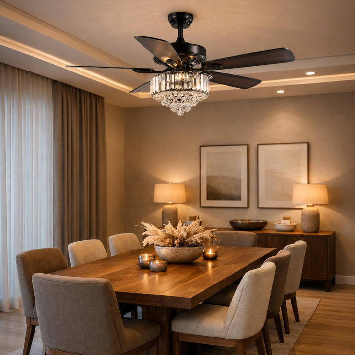 Black Modern Ceiling Fan with Lights Flush Mount Crystal Blades and 6 Speed Settings
