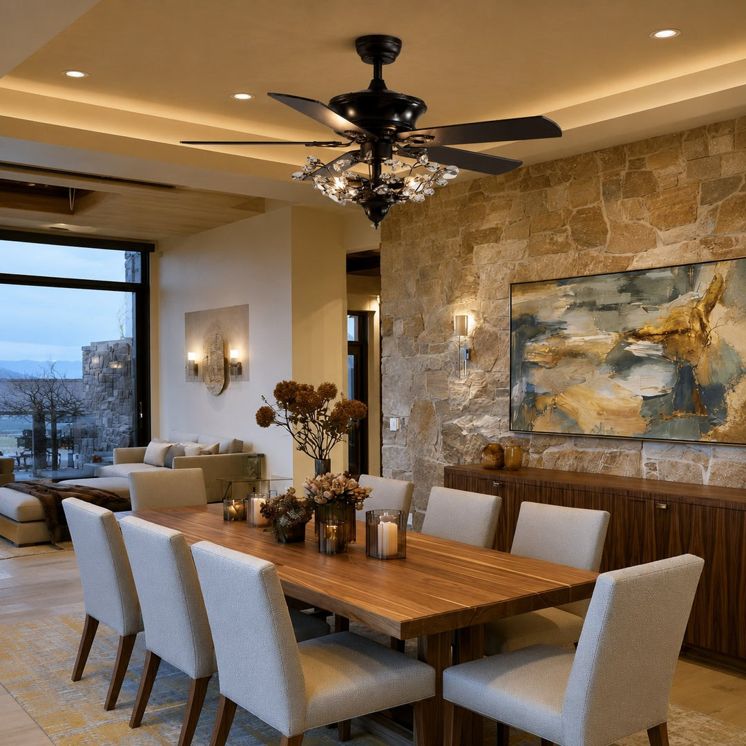 Modern Black Ceiling Fan with Crystal Shade Flush Mount LED Remote Control and Reversible Blades