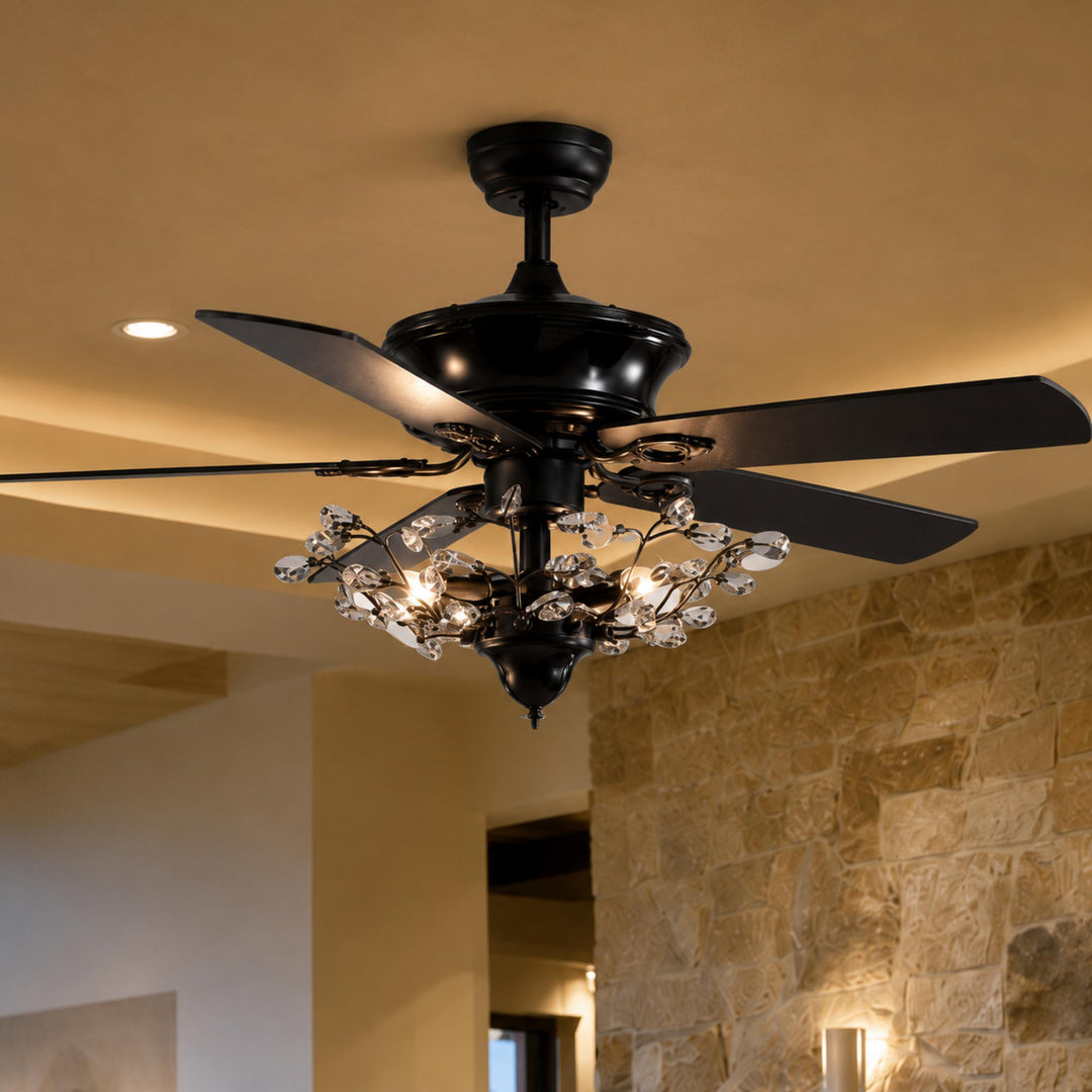 Modern Black Ceiling Fan with Crystal Shade Flush Mount LED Remote Control and Reversible Blades