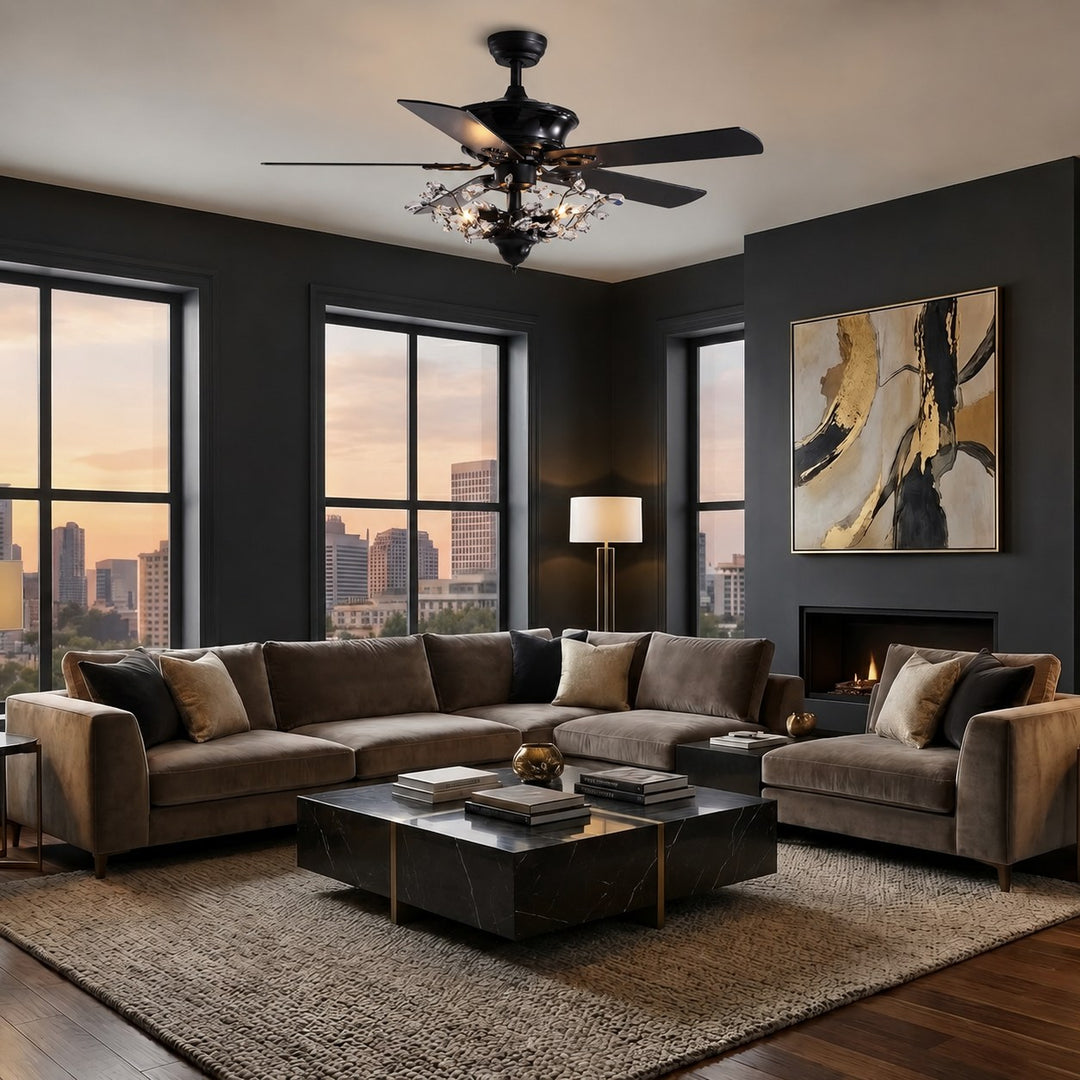 Modern Black Ceiling Fan with Crystal Shade Flush Mount LED Remote Control and Reversible Blades