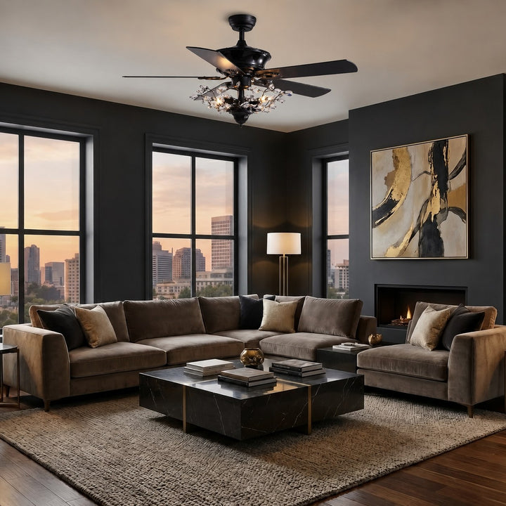 Modern Black Ceiling Fan with Crystal Shade Flush Mount LED Remote Control and Reversible Blades