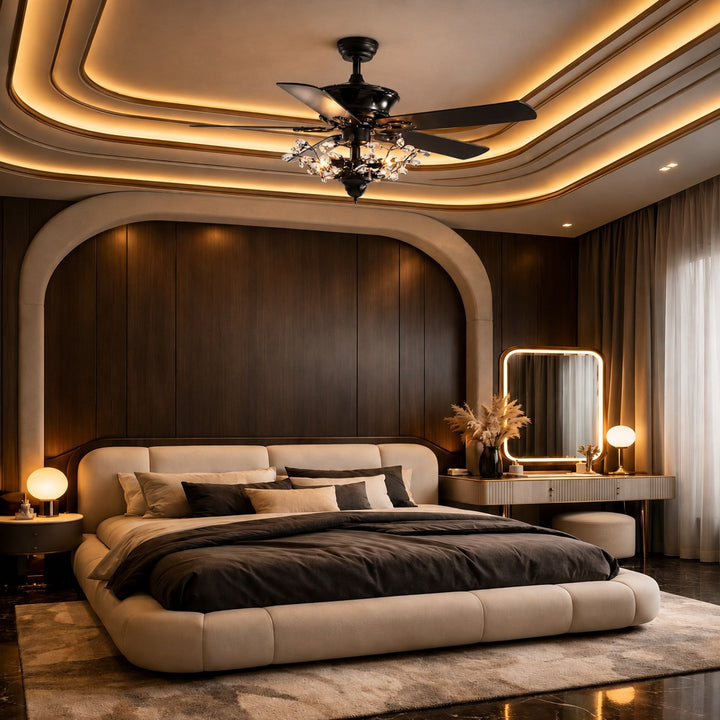 Modern Black Ceiling Fan with Crystal Shade Flush Mount LED Remote Control and Reversible Blades