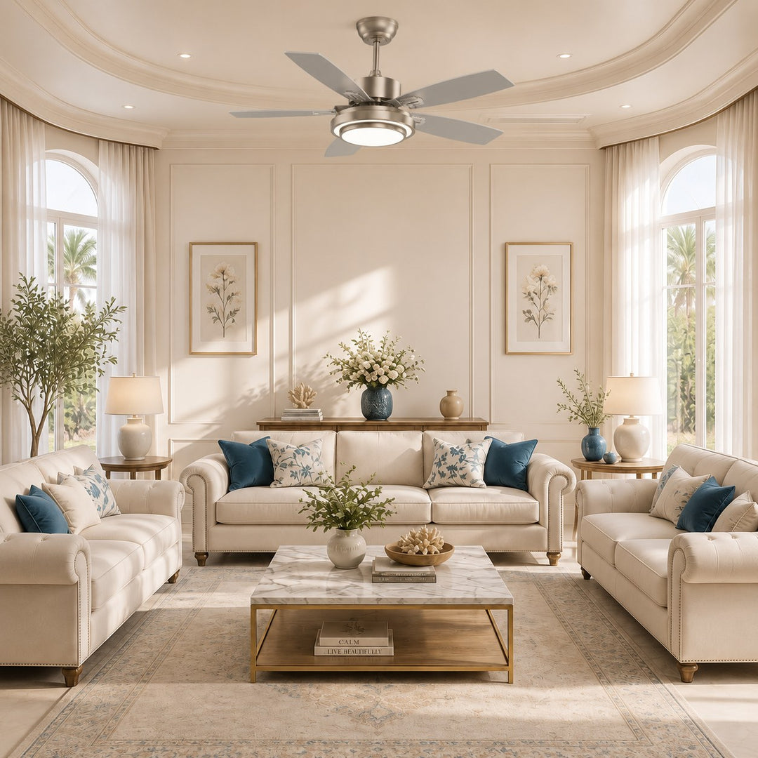 Modern LED Ceiling Fan with Remote Control Flush Mount Nickel Wood Blades Quiet DC Motor