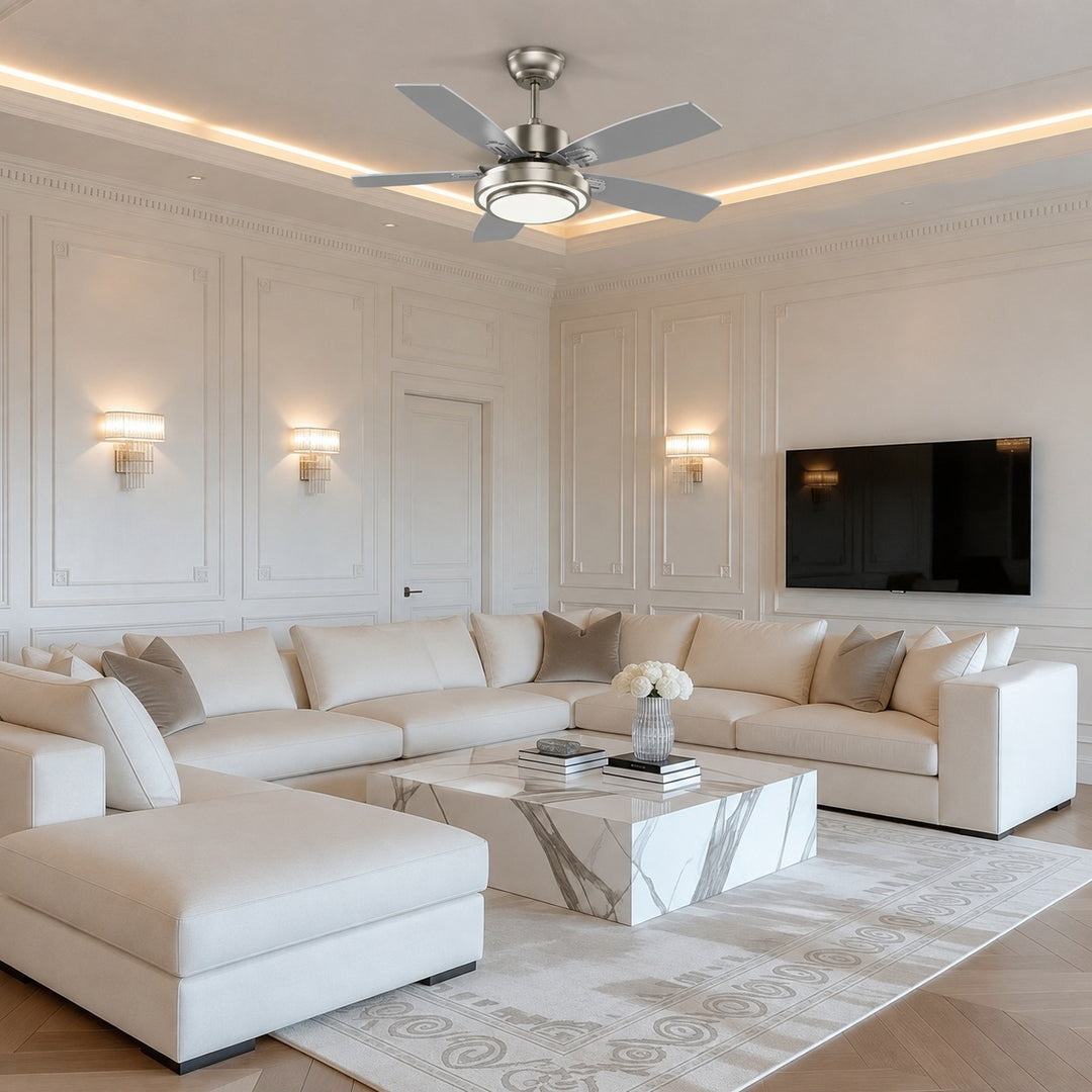Modern LED Ceiling Fan with Remote Control Flush Mount Nickel Wood Blades Quiet DC Motor
