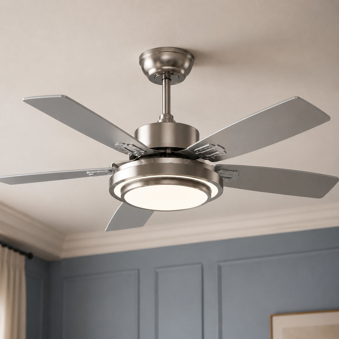 Modern LED Ceiling Fan with Remote Control Flush Mount Nickel Wood Blades Quiet DC Motor