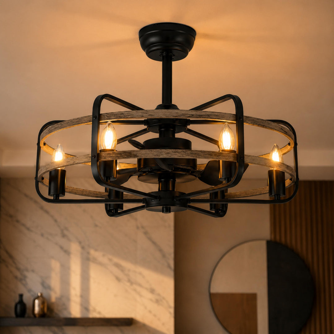 Industrial Ceiling Fan with Lights Flush Mount Metal Walnut Finish Remote Control Adjustable Speed