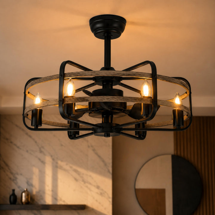 Industrial Ceiling Fan with Lights Flush Mount Metal Walnut Finish Remote Control Adjustable Speed