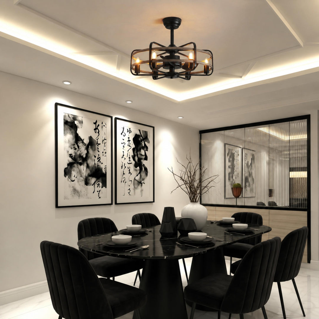 Industrial Ceiling Fan with Lights Flush Mount Metal Walnut Finish Remote Control Adjustable Speed