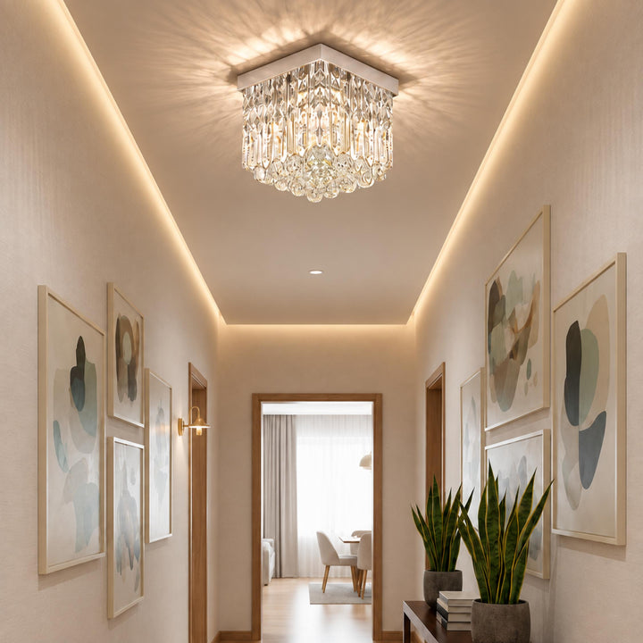Modern Mini Square Flush Mount Ceiling Light Fixture with Crystal and Chrome Finish LED 8x7 Inches