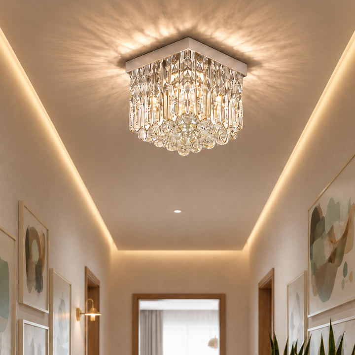 Modern Mini Square Flush Mount Ceiling Light Fixture with Crystal and Chrome Finish LED 8x7 Inches