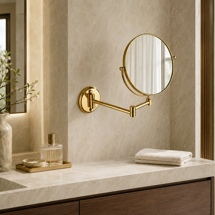 Modern Wall Mounted Makeup Mirror Double Sided Stainless Steel with 360° Rotation and Magnifying Feature