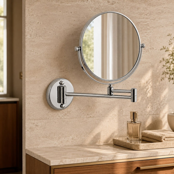 Modern Wall Mounted Makeup Mirror Double Sided Stainless Steel with 360° Rotation and Magnifying Feature