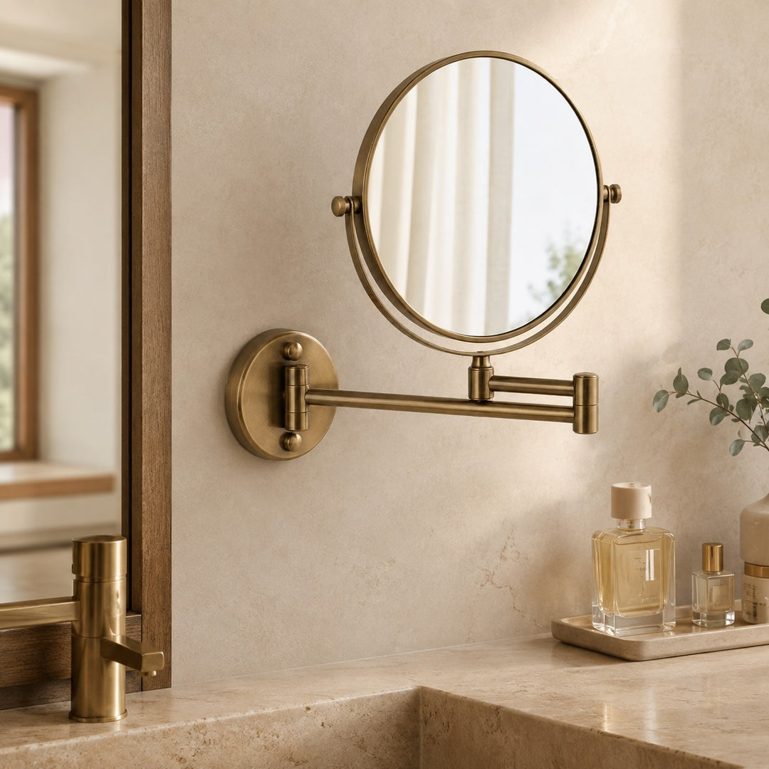 Modern Wall Mounted Makeup Mirror Double Sided Stainless Steel with 360° Rotation and Magnifying Feature