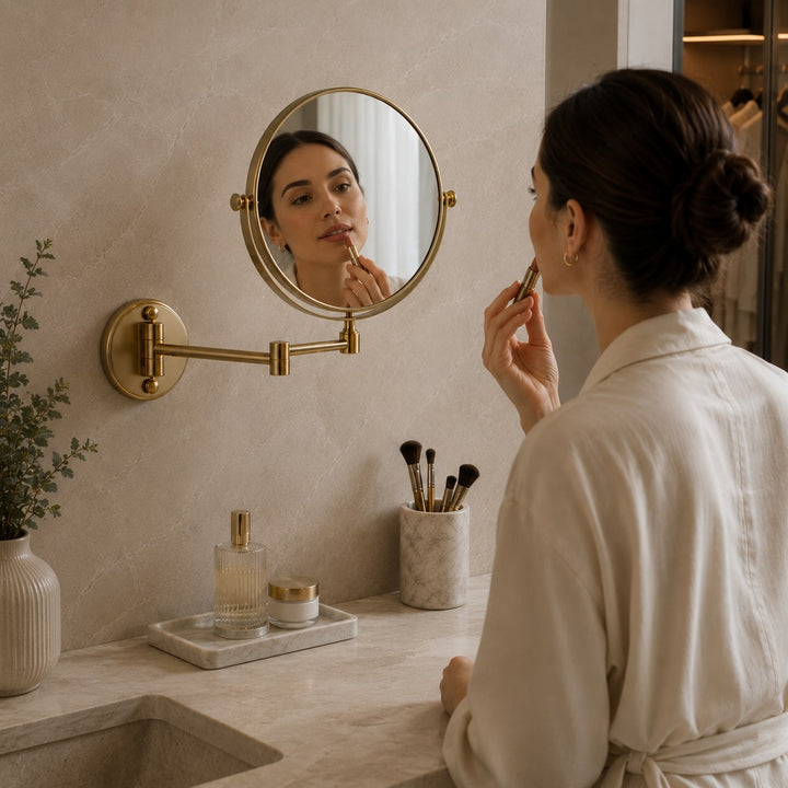 Modern Wall Mounted Makeup Mirror Double Sided Stainless Steel with 360° Rotation and Magnifying Feature