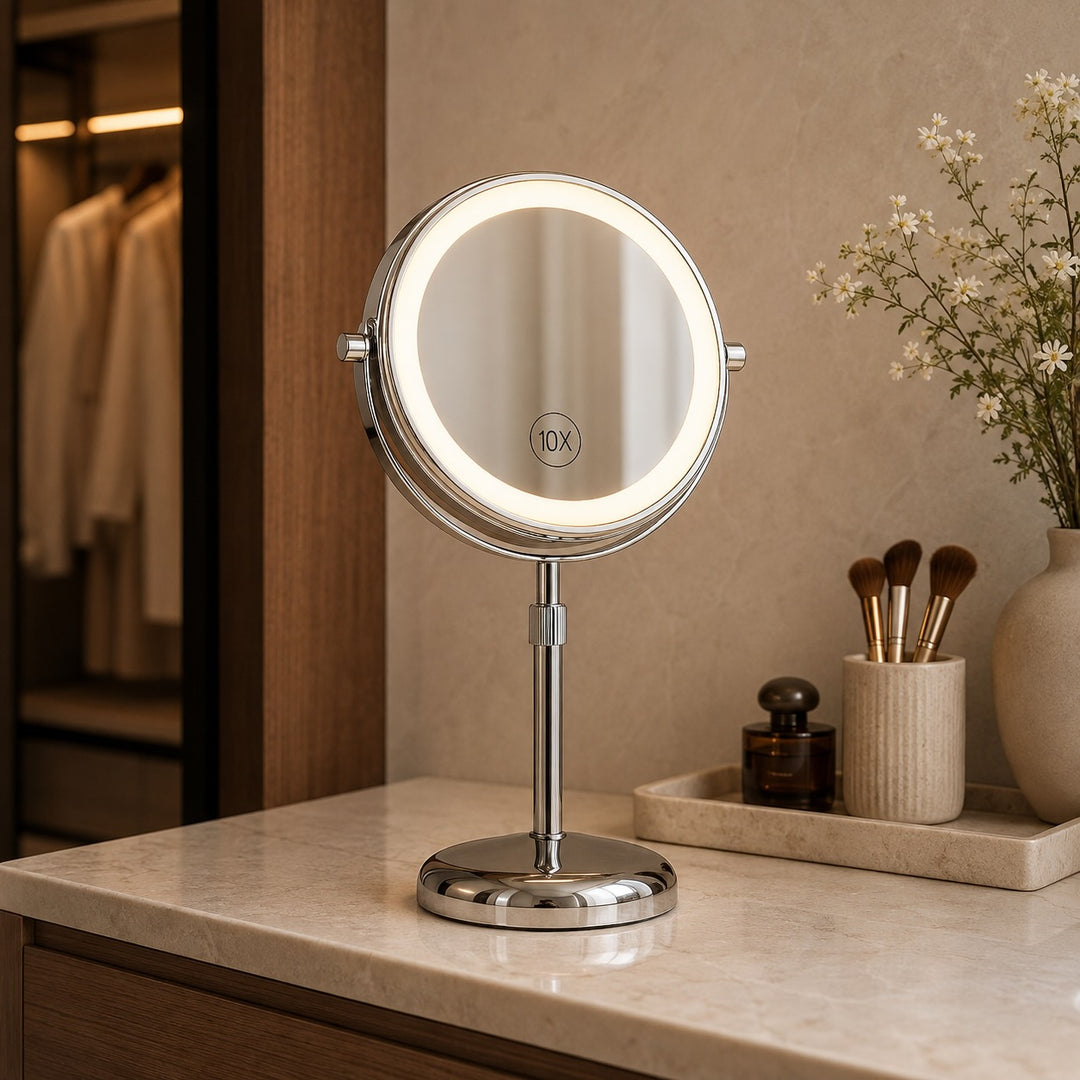 Modern Makeup Mirror with Lights Adjustable Height 10X Magnification USB Powered Dimmable