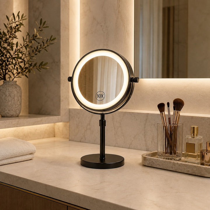Modern Makeup Mirror with Lights Adjustable Height 10X Magnification USB Powered Dimmable