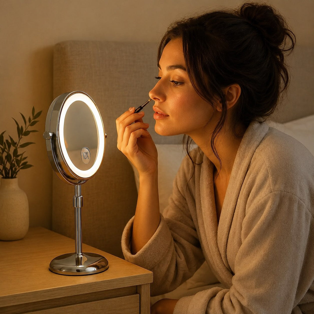 Modern Makeup Mirror with Lights Adjustable Height 10X Magnification USB Powered Dimmable