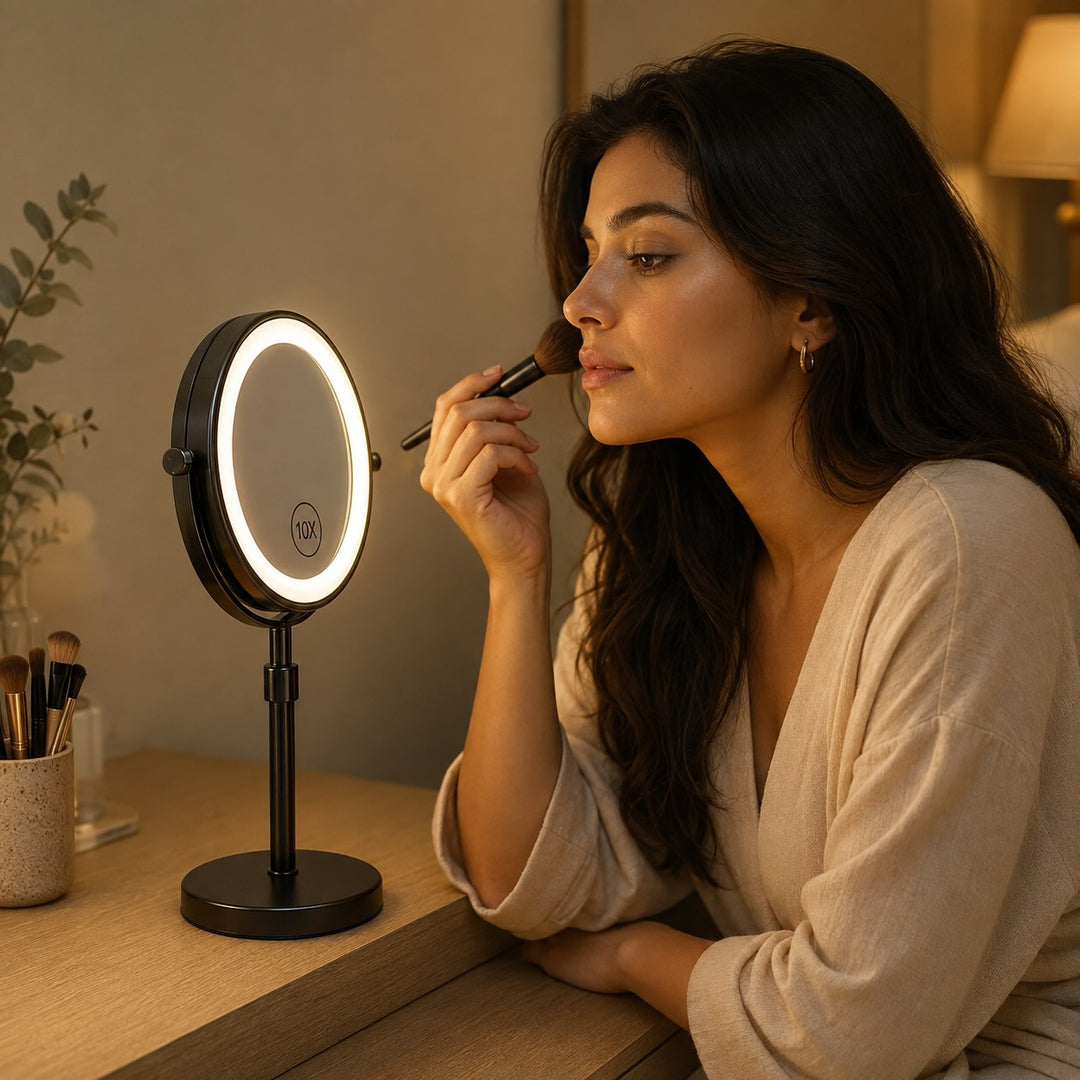 Modern Makeup Mirror with Lights Adjustable Height 10X Magnification USB Powered Dimmable
