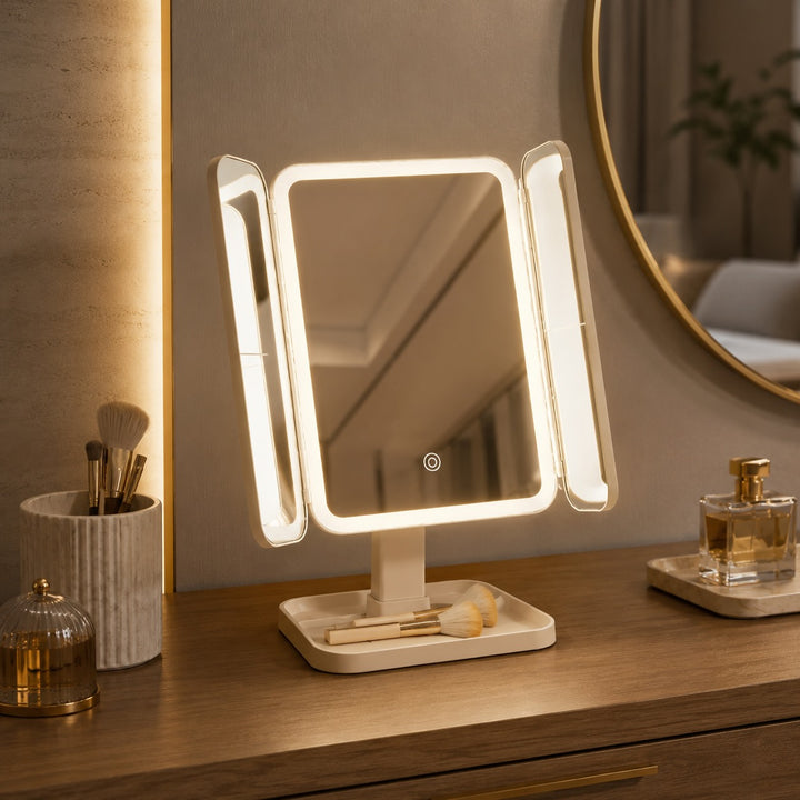 Modern Trifold Makeup Mirror with Lights Adjustable Brightness and 10X Magnifying Feature