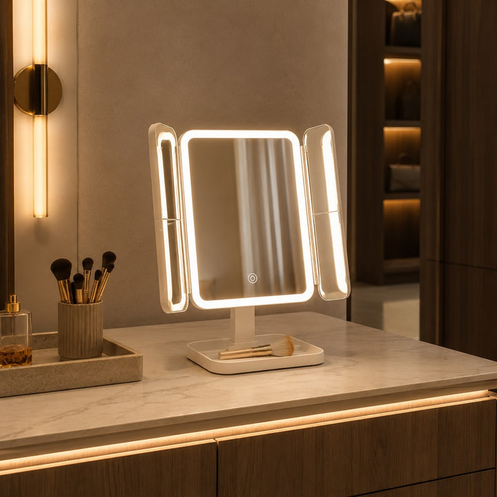 Modern Trifold Makeup Mirror with Lights Adjustable Brightness and 10X Magnifying Feature