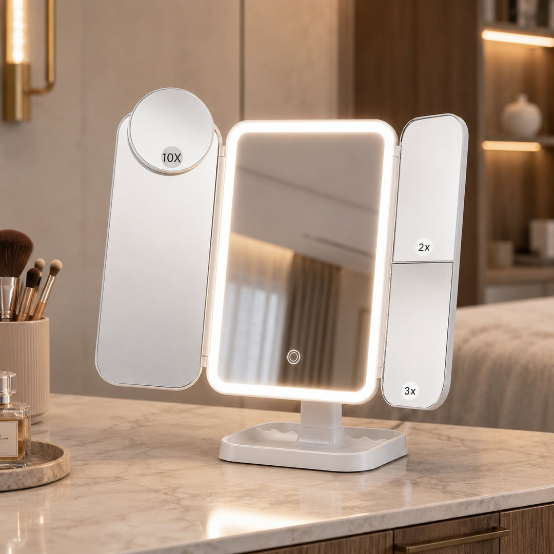 Modern Trifold Makeup Mirror with Lights Adjustable Brightness and 10X Magnifying Feature