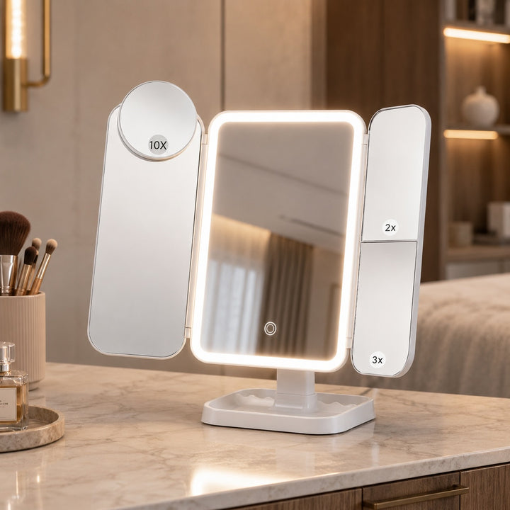 Modern Trifold Makeup Mirror with Lights Adjustable Brightness and 10X Magnifying Feature