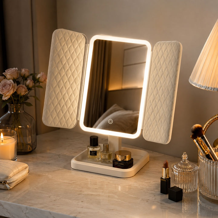 Modern Trifold Makeup Mirror with Lights Adjustable Brightness and 10X Magnifying Feature