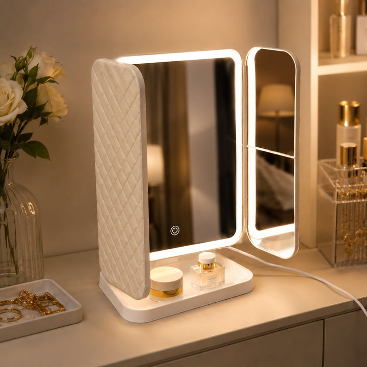 Modern Trifold Makeup Mirror with Lights Adjustable Brightness and 10X Magnifying Feature
