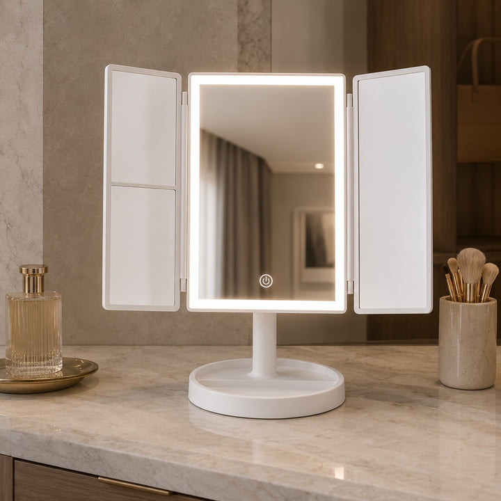 Tri-Fold Makeup Mirror with Lights 2X/3X Magnification USB Rechargeable LED Lighting