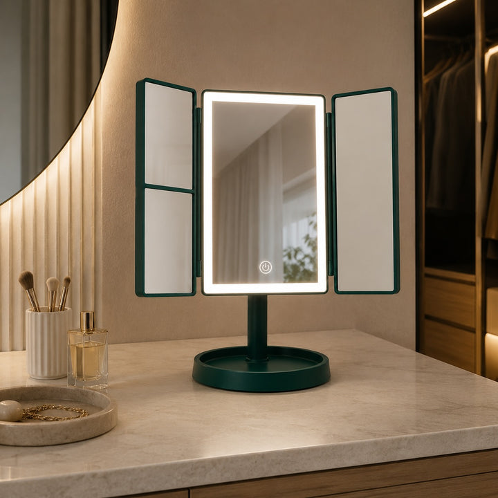 Tri-Fold Makeup Mirror with Lights 2X/3X Magnification USB Rechargeable LED Lighting