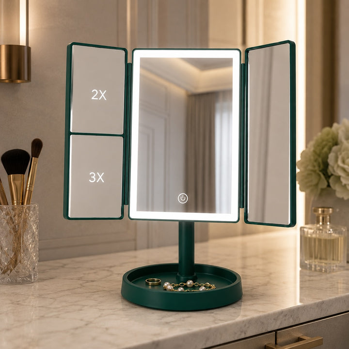 Tri-Fold Makeup Mirror with Lights 2X/3X Magnification USB Rechargeable LED Lighting