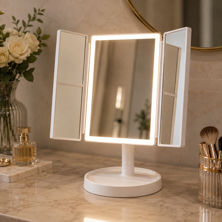 Tri-Fold Makeup Mirror with Lights 2X/3X Magnification USB Rechargeable LED Lighting