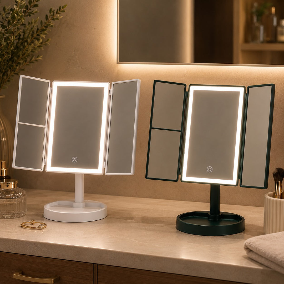 Tri-Fold Makeup Mirror with Lights 2X/3X Magnification USB Rechargeable LED Lighting