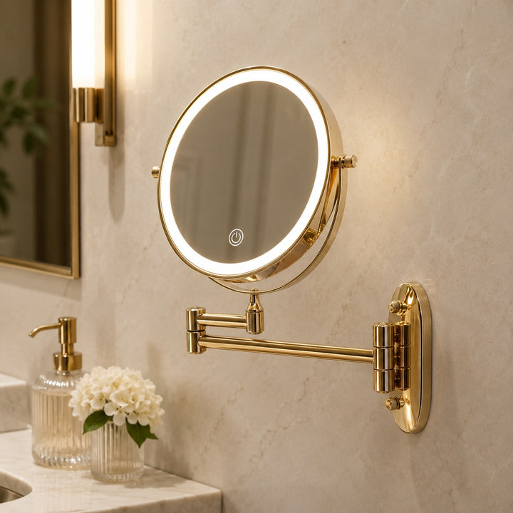Gold Magnifying Makeup Mirror with Light Rechargeable LED 360° Rotation and Two-Sided Magnification