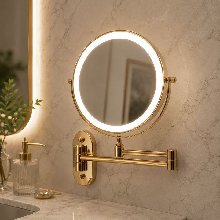 Gold Magnifying Makeup Mirror with Light Rechargeable LED 360° Rotation and Two-Sided Magnification