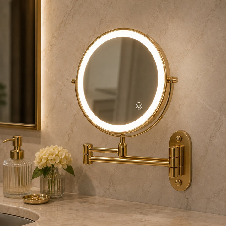 Gold Magnifying Makeup Mirror with Light Rechargeable LED 360° Rotation and Two-Sided Magnification