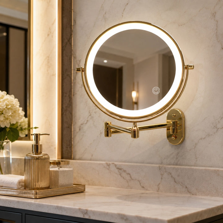 Gold Magnifying Makeup Mirror with Light Rechargeable LED 360° Rotation and Two-Sided Magnification