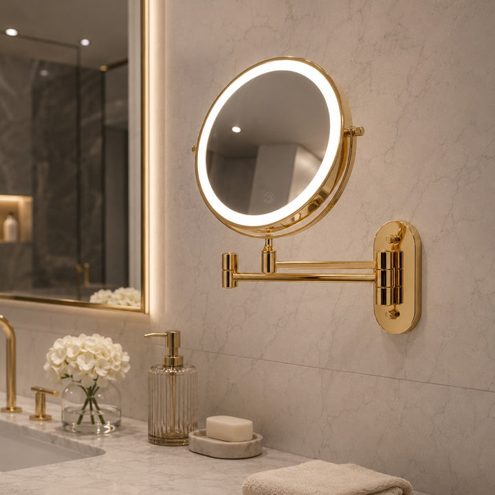 Gold Magnifying Makeup Mirror with Light Rechargeable LED 360° Rotation and Two-Sided Magnification