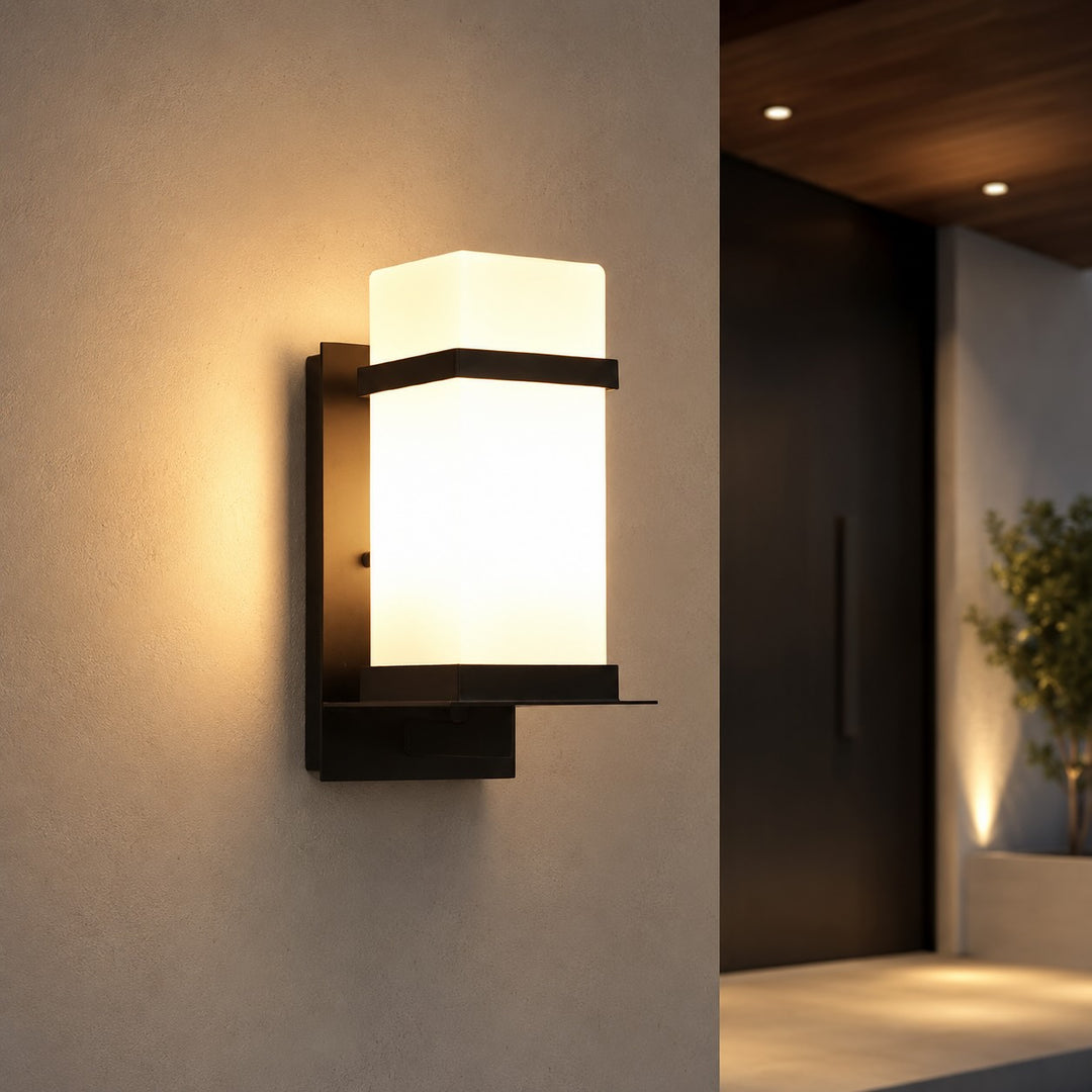 Contemporary Outdoor Wall Light Wall Mounted Metal Frame Glass Shade IP65 Waterproof LED