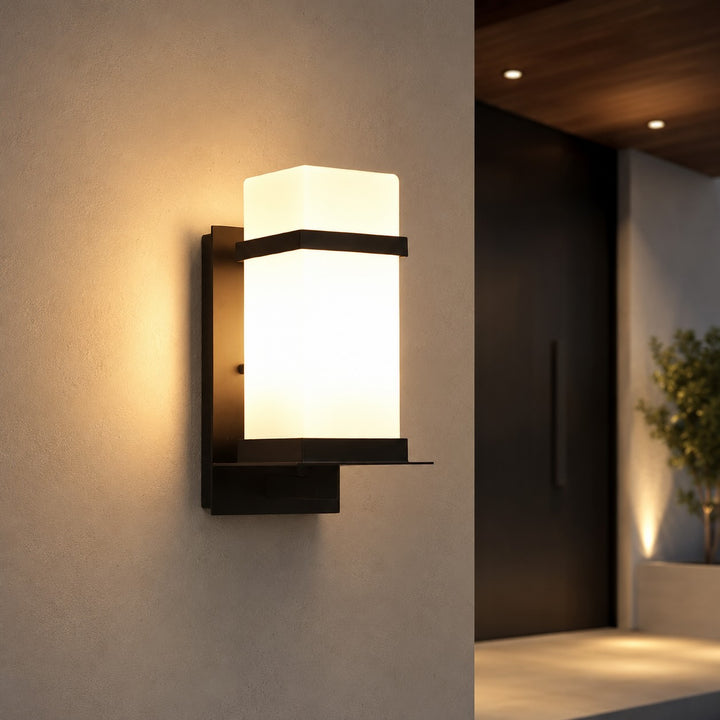 Contemporary Outdoor Wall Light Wall Mounted Metal Frame Glass Shade IP65 Waterproof LED