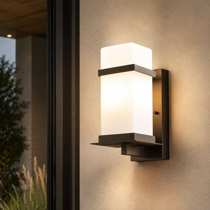 Contemporary Outdoor Wall Light Wall Mounted Metal Frame Glass Shade IP65 Waterproof LED