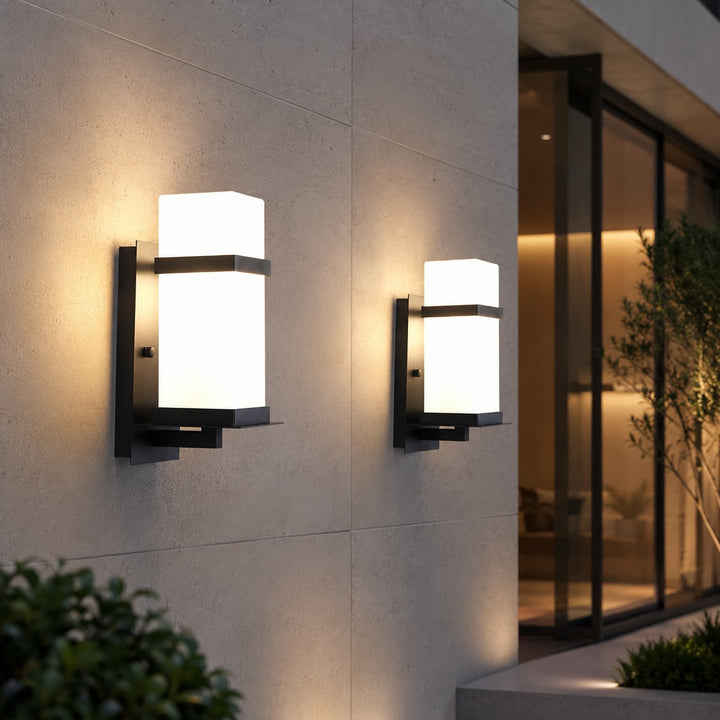 Contemporary Outdoor Wall Light Wall Mounted Metal Frame Glass Shade IP65 Waterproof LED