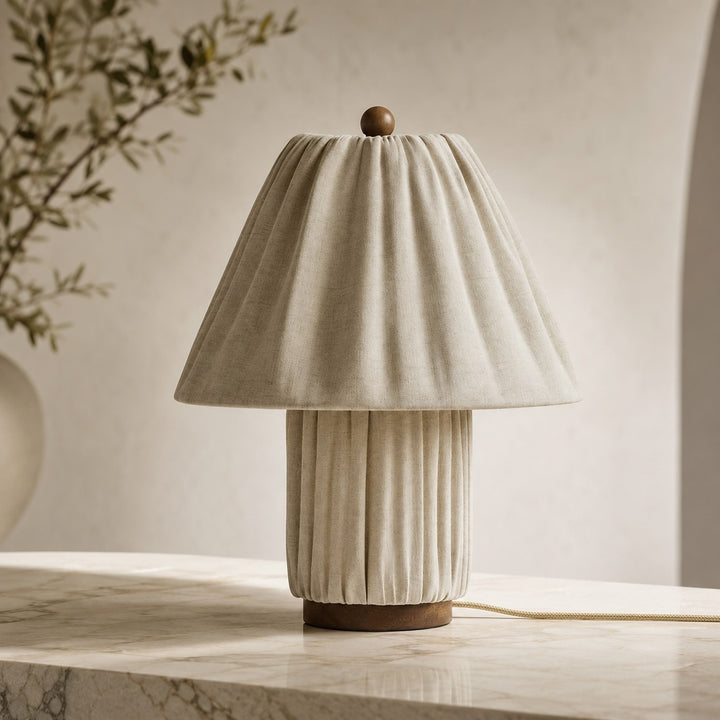 Modern Table Lamp with Pleated Fabric Shade Adjustable Brightness Metal Base LED Compatible 15 Inches