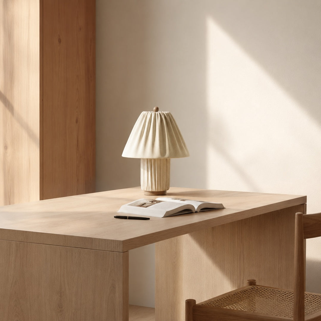 Modern Table Lamp with Pleated Fabric Shade Adjustable Brightness Metal Base LED Compatible 15 Inches