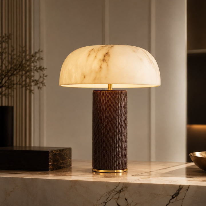 Modern Table Lamp with Cylindrical Leather Base and Faux Alabaster Shade Dimmable for Bedroom Desk Use