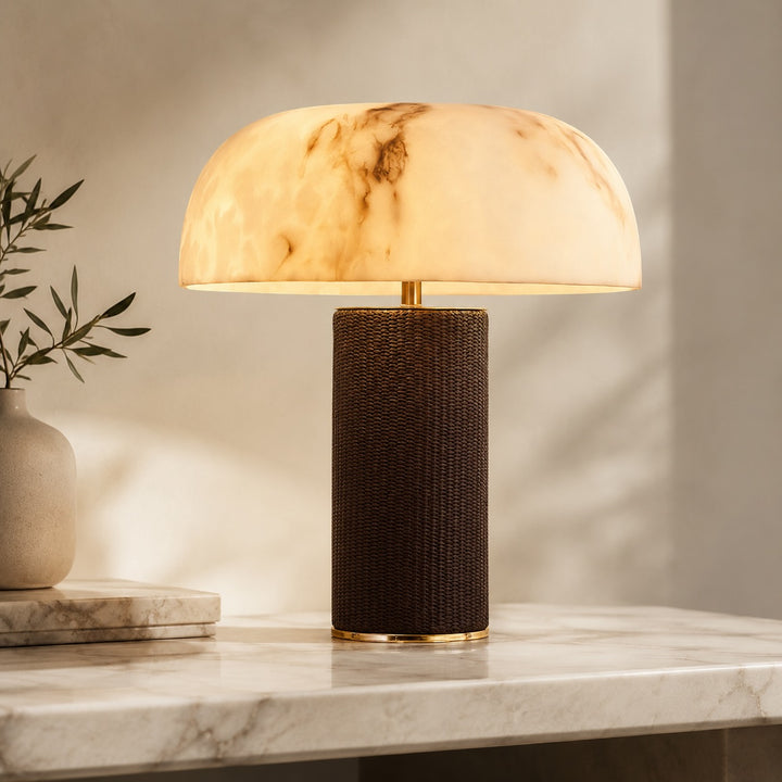 Modern Table Lamp with Cylindrical Leather Base and Faux Alabaster Shade Dimmable for Bedroom Desk Use