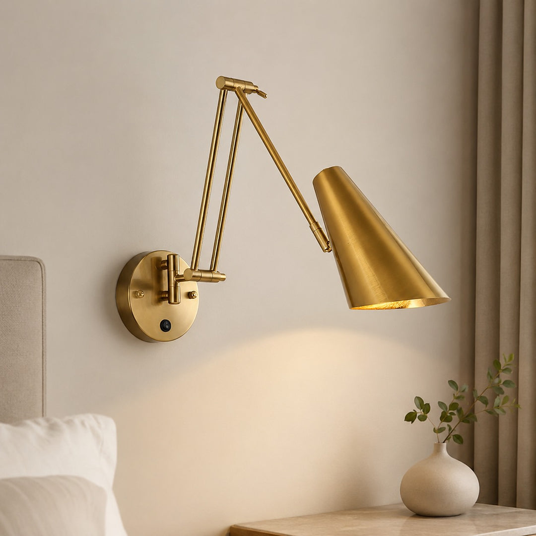 Industrial Wall Light Adjustable Swing Arm Metal Fixture Matte Black and Gold Accents LED